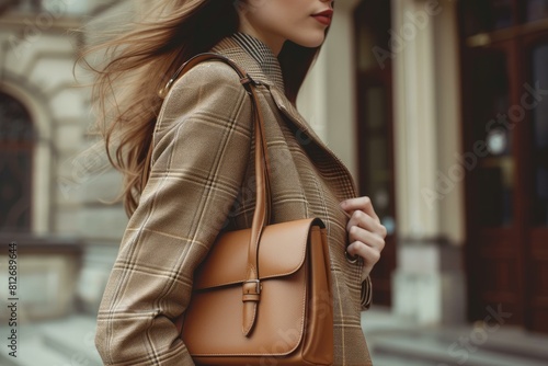 Stylish young woman in a chic jacket carries a luxury handbag along an urban sidewalk photo