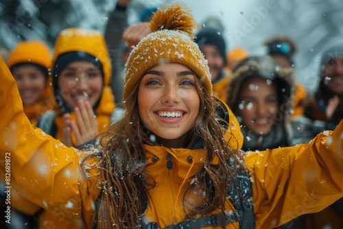 A cheerful woman in a yellow jacket is smiling and enjoying snowfall with a group of friends in the background