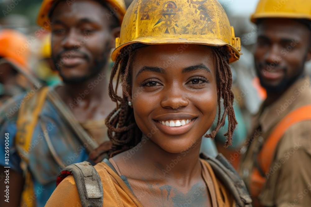 A confident female worker with a hard hat is smiling with her male colleagues in the background
