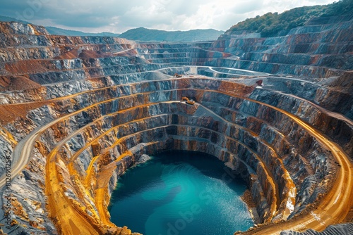 Stunning open-pit mining landscape with contrasting deep turquoise water at the bottom photo