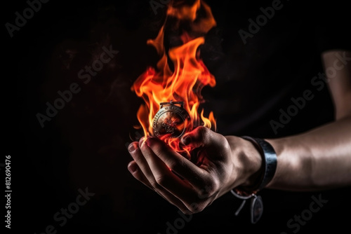 A hand grips a fiery medal on a dark backdrop. The flames dance around the hand creating a striking contrast
