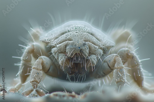 Highly detailed macro photography of a dust mite on a fiber  showing its texture and tiny features with clear visibility