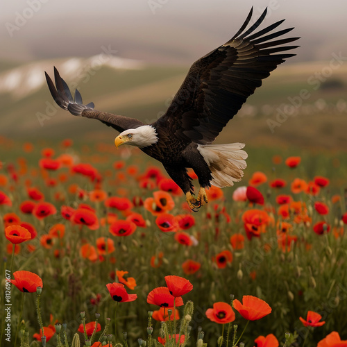 Eagle flying over poppy field symbolizes freedom and valor on Memorial Day. © MuhammadHamza