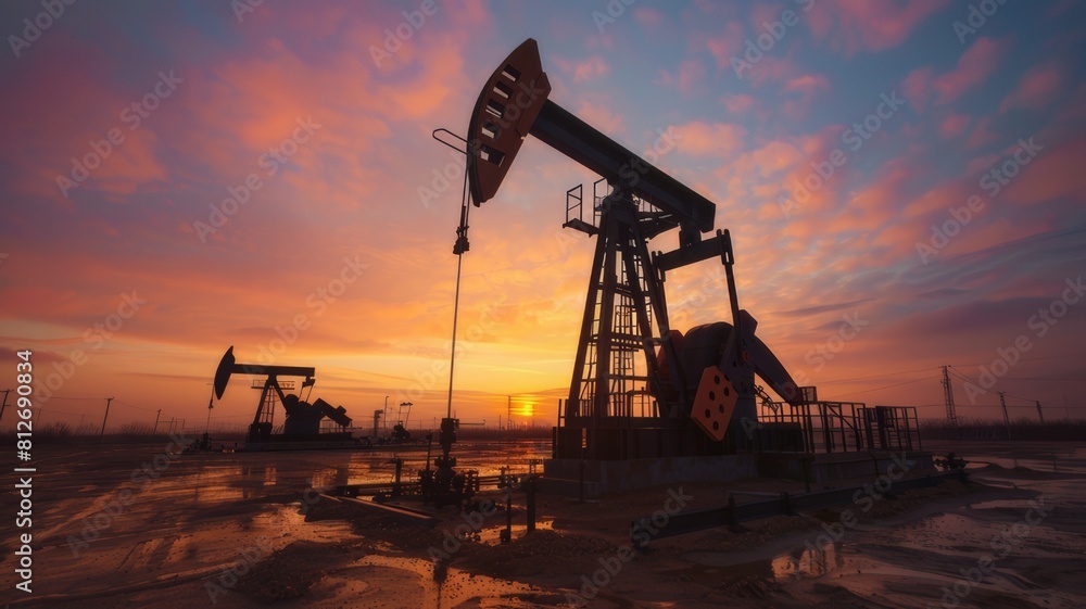 Oil rigs on a desert field, extracting crude oil from underground, oil production, sunset