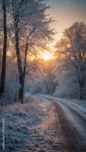 Frosty Morning, Tranquil Winter Landscape with Snowy Trees and Road at Sunrise