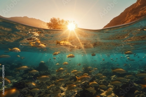 Shoal of fish swimming together in the ocean during the colorful sunset