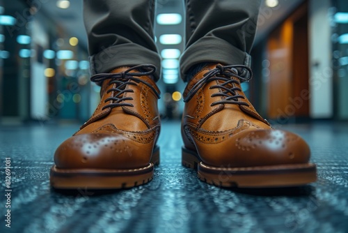 Low shot of shiny brown leather dress shoes in a contemporary environment with blue lighting