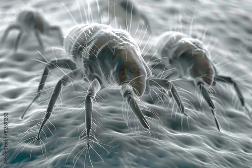 High-definition 3d render of microscopic dust mites moving across a fibrous surface, showcasing their detailed anatomy in a magnified view photo
