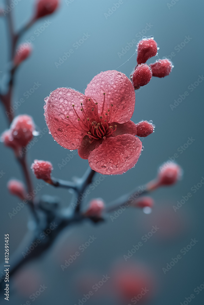 A close up of a pink flower with droplets of water on it