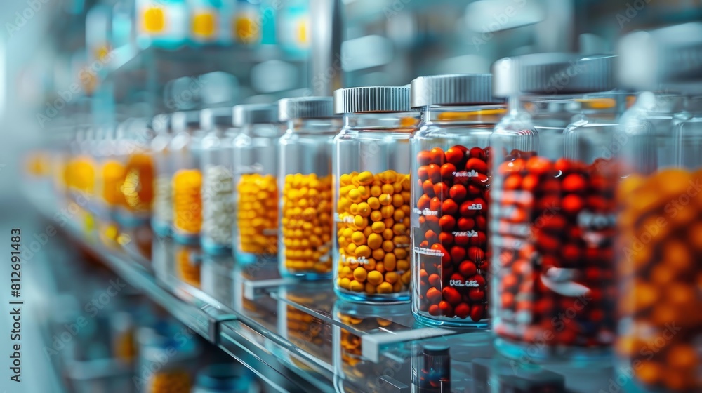 A row of glass jars filled with different colored pills. The jars are lined up on a shelf, with some of them being taller than others. The variety of colors A row of glass jars filled with different colored pills. The jars are lined up on a shelf, with some of them being taller than others. The variety of colors