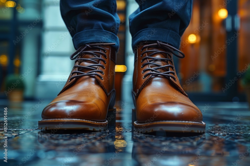A person in casual attire showcasing stylish brown leather boots on a rainy, reflective urban street