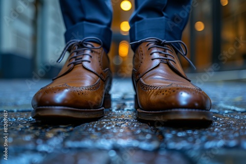 A man's perspective looking down at his brown leather shoes on a wet pavement, bokeh lights in background