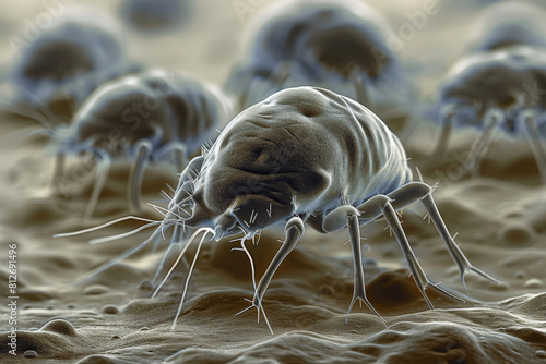 Highly detailed close-up of a dust mite against a blurry background, depicting the allergen in its natural habitat photo