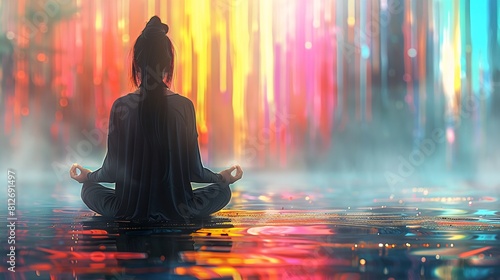 Young Woman Meditating in a Vibrant Urban Setting at Twilight