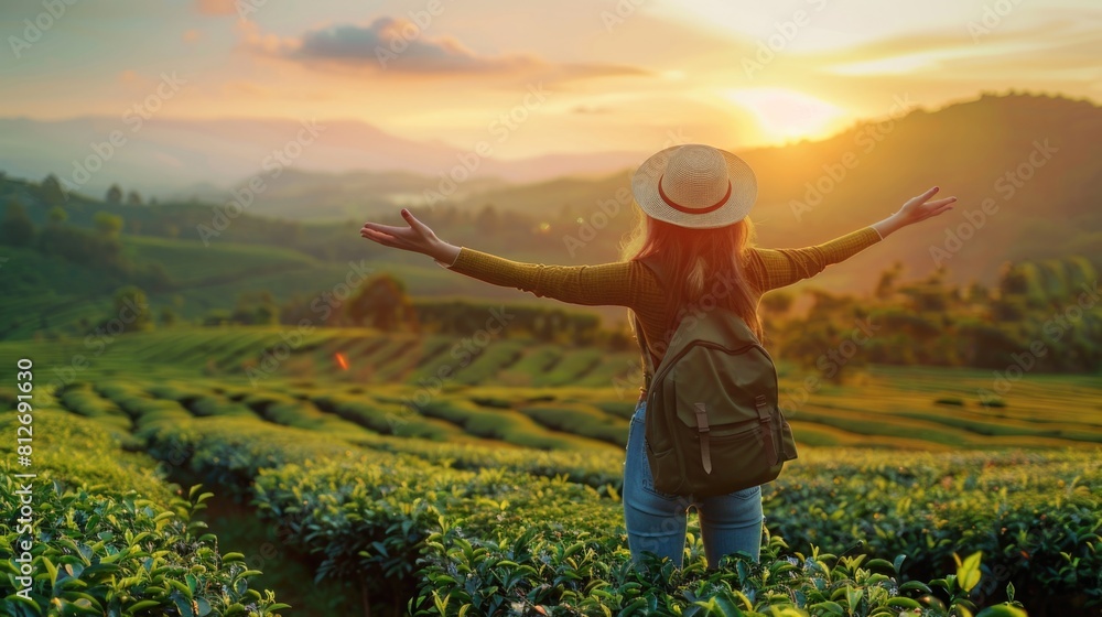 Fototapeta premium A woman standing in a field with her arms outstretched. Suitable for various concepts and themes