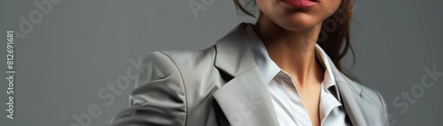 Closeup of Arya, a female business executive s torso in a navy blue suit, perfect for corporate profiles and financial marketing