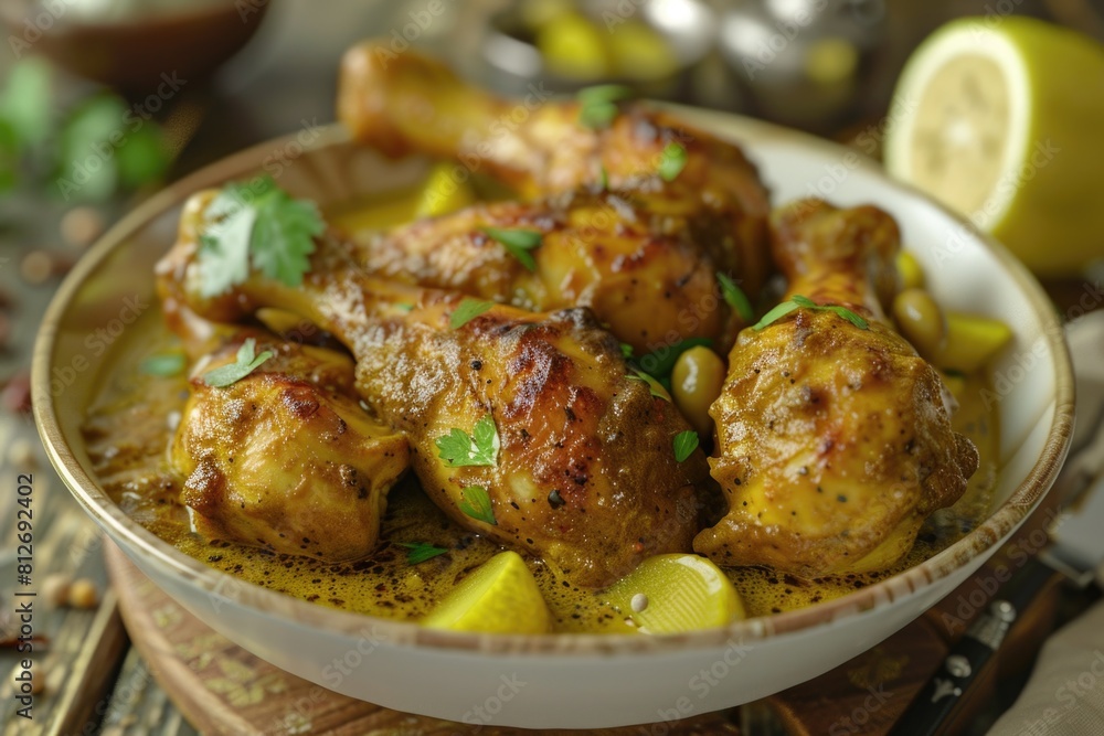 A bowl filled with chicken and lemons on a table. Suitable for food and recipe concepts A bowl filled with chicken and lemons on a table. Suitable for food and recipe concepts
