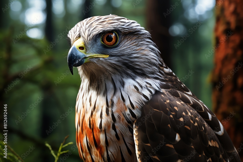 Obraz premium Close up of a Northern Goshawk perched, intense gaze, detailed plumage visible, muted forest background