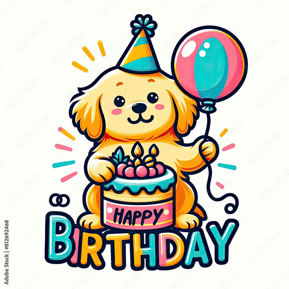 Naklejka premium dog design holding a balloon and a cake attractive used for printing illustrator.