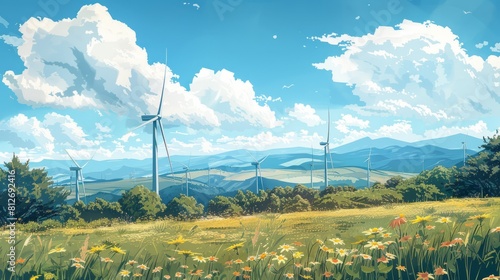 A field of flowers with a wind farm in the background