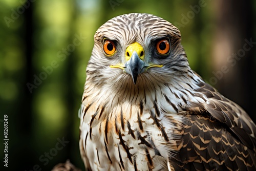 Close up of a Northern Goshawk perched, intense gaze, detailed plumage visible, muted forest background © Nat
