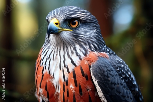 Close up of a Northern Goshawk perched, intense gaze, detailed plumage visible, muted forest background