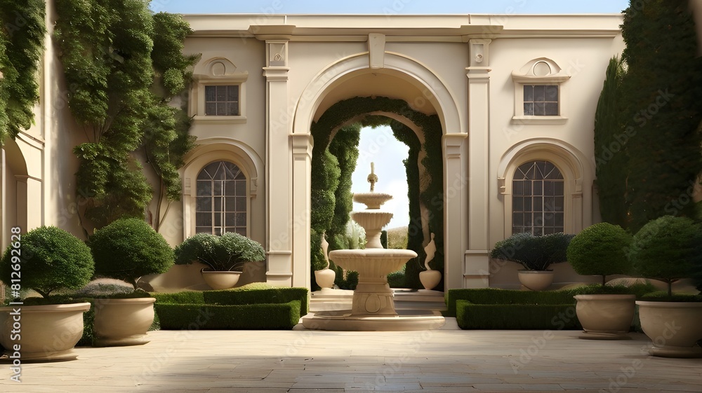 An ornamental garden gate flanked by statuesque topiaries, with a bubbling fountain in the center of the courtyard