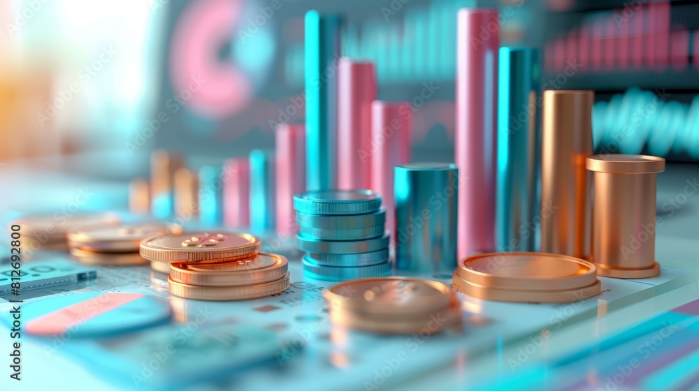 close-up of a computer screen with a graph of stock prices and stacks of coins in the foreground. close-up of a computer screen with a graph of stock prices and stacks of coins in the foreground.