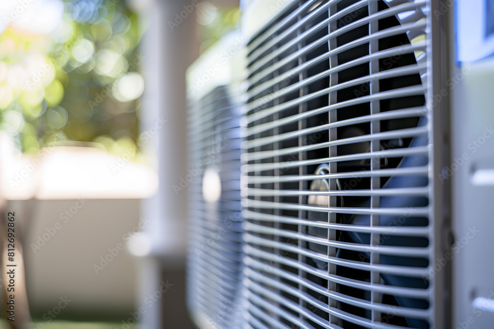 Close up of air conditioning fan with grille. Shallow depth of field, blurred background Close up of air conditioning fan with grille. Shallow depth of field, blurred background