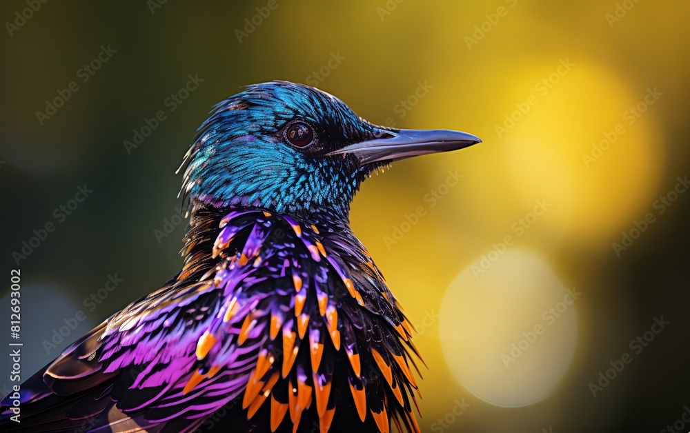 Close view of a European Starling preening, detailed capture of iridescent feathers, natural setting Close view of a European Starling preening, detailed capture of iridescent feathers, natural setting