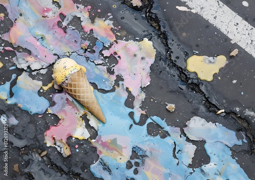 An ice cream on a street, pastel pink paint stains, summer holiday. Hot summer in the city