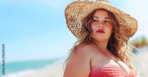 Young beautiful girl, plus size model with straw hat on the beach, summer holidays, vacation and fun