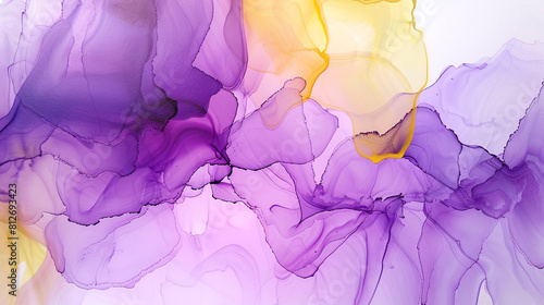 Abstract painting featuring electric violet and soft yellow alcohol ink, detailed oil textures.