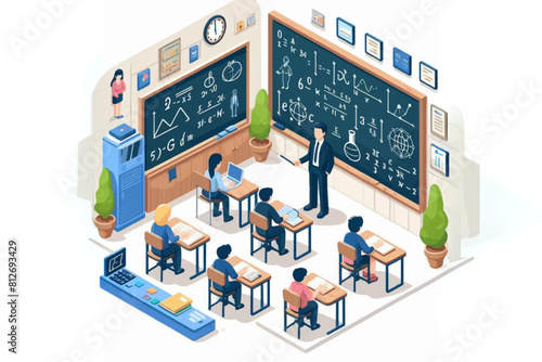 a teacher in front of a large blackboard with pictures of mathematical formulas