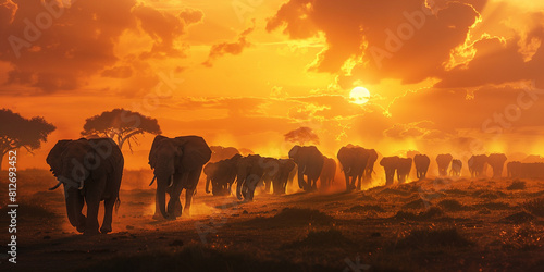 image of a majestic elephant herd crossing the African plains, with dust kicking up from their footsteps and the sun setting in the background photo