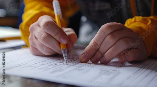Close-up of a person filling out a form with a pen