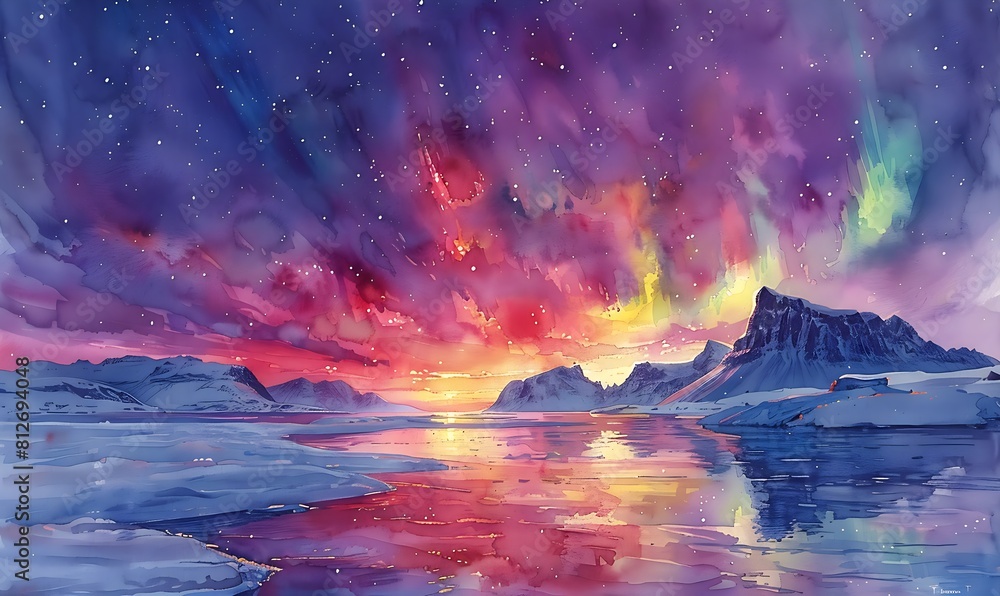 Fototapeta premium A watercolor depicting the aurora borealis lighting up the entire sky