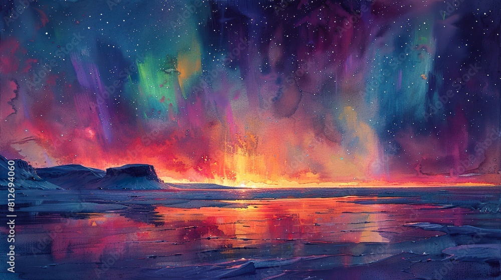 Obraz premium A watercolor depicting the aurora borealis lighting up the entire sky