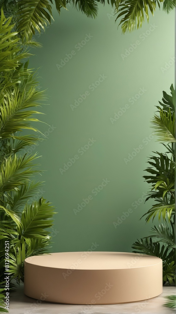 Beige podium against the background of tropical leaves Beige podium against the background of tropical leaves