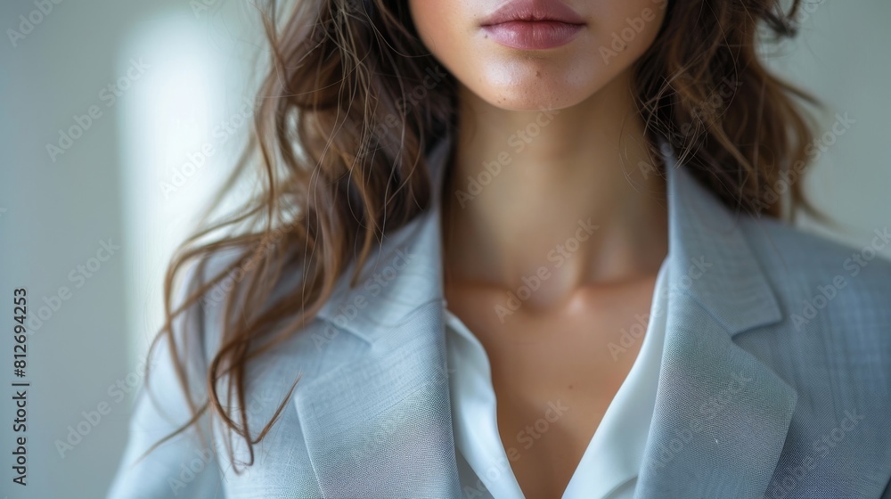 Closeup of a female business executive s torso in a charcoal grey suit, perfect for international business profiles and global strategy discussions Closeup of a female business executive s torso in a charcoal grey suit, perfect for international business profiles and global strategy discussions