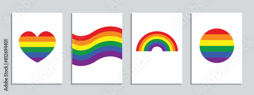Set of LGBT posters or postcards with rainbow flags, symbols. Pride month celebration prints. Gay pride. Vector illustration
