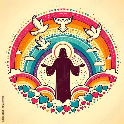 A graphic of a jesus christ with a rainbow and birds image photo attractive lively illustrator.