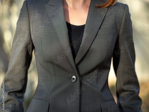 Closeup of a female business executive s torso in a charcoal grey suit, perfect for international business profiles and global strategy discussions