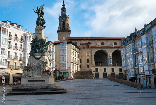 Plaza de la Virgen Blanca in Vitoria/Gasteiz. The central monument in memory of the battle of Vitoria, the access to the old part of the city. Basque Country, Spain.