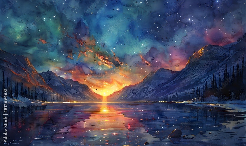Obraz premium A watercolor depicting the aurora borealis lighting up the entire sky