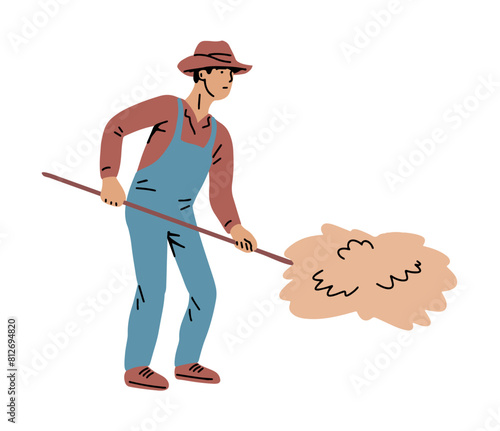 Village farmer man collecting hay in a stack. Working on a farm. Retro style. Flat vector illustration isolated on white background