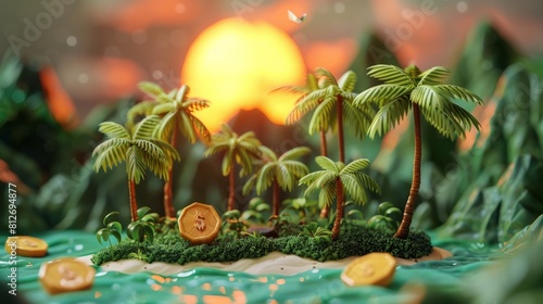 small tropical island with palm trees and a treasure chest on the beach. The sun is setting in the background.