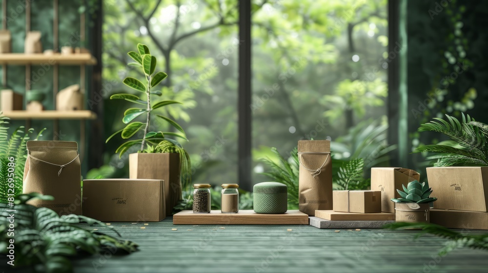 variety of cardboard boxes and storage containers in a lush, green forest setting variety of cardboard boxes and storage containers in a lush, green forest setting