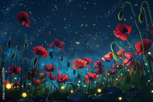 Poppies glow under firefly light, creating a magical Memorial Day night scene.