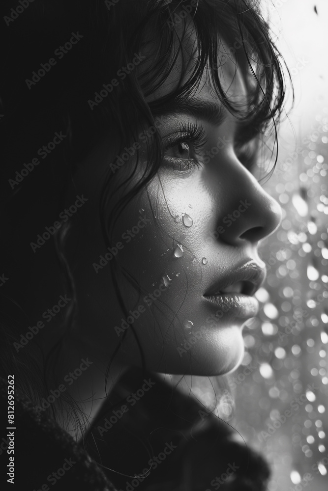 A woman with wet hair and a sad expression A woman with wet hair and a sad expression